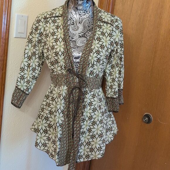 Burning Torch Anthropologie lightweight cotton kimono tie front green pattern M - Picture 2 of 10